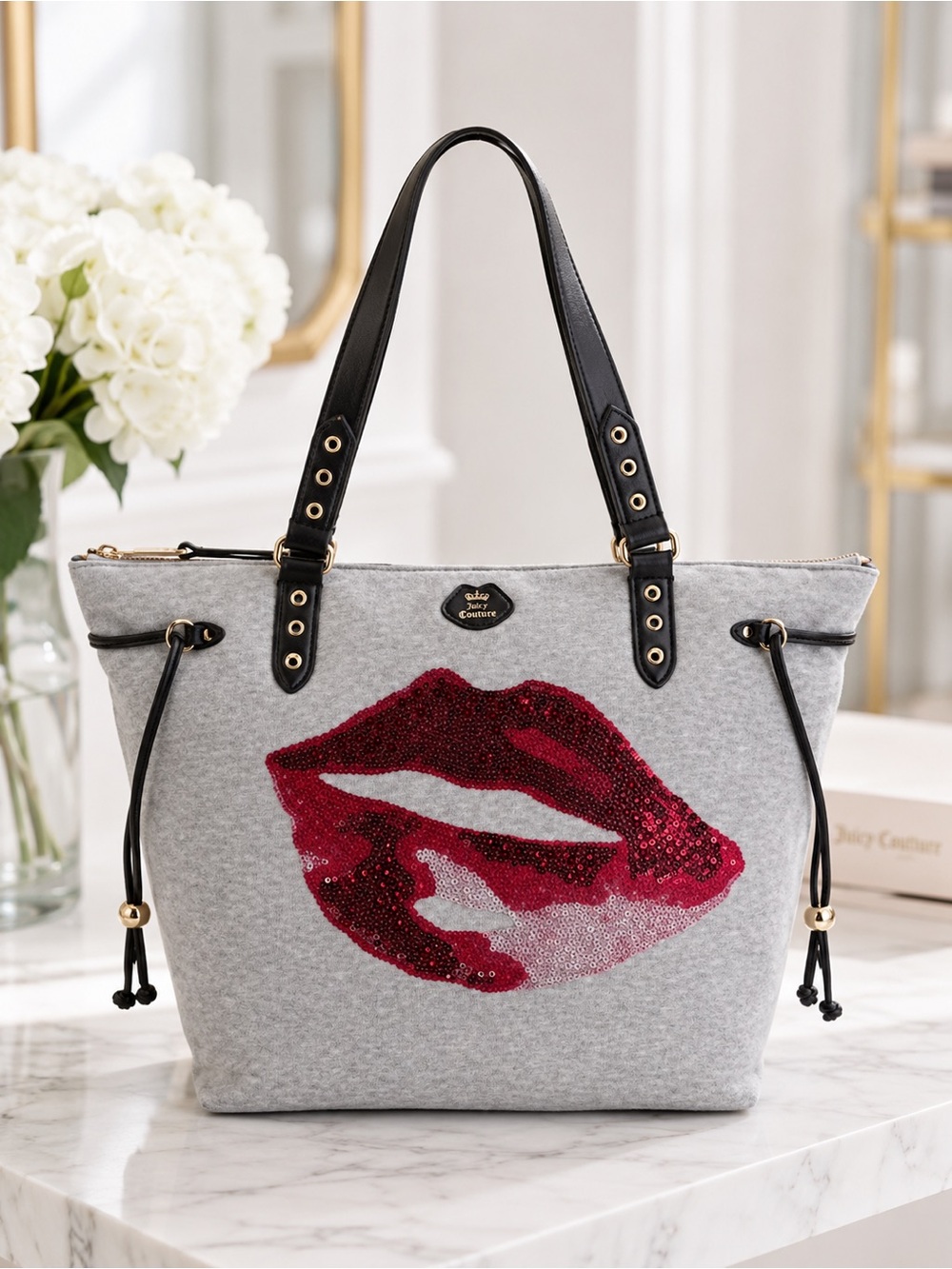 Juicy Couture Gray Lip Print Tote Bag Y2K Glam Shoulder Handbag NWT